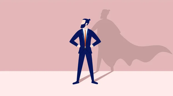 Business Hero Bearded Hipster Businessman Standing Proud Casting Superhero Shadow — Stock Vector