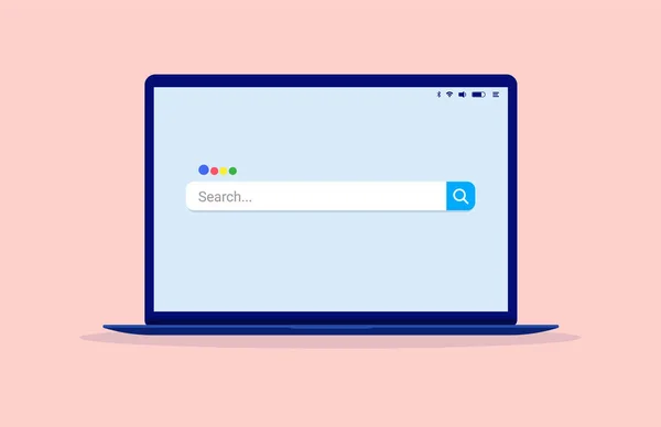 Bärbar Dator Med Sökmotor Skärmen Onlinesökning Och Söka Information Internet — Stock vektor
