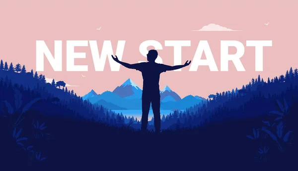 New Start Silhouette Man Standing Open Arms Landscape View Mountains — Stock Vector