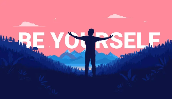 Yourself Silhouette Man Standing Landscape Great View Feeling Free Accepting — Stock Vector