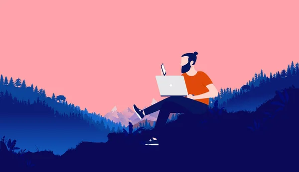 Dışarıda vahşi doğada çalışan sakallı, dizüstü bilgisayarı ve akıllı telefonu olan doğa, orman ve arka planda dağlarla uğraşan bir adam. Uzak çalışma ve özgürlük kavramı. Vektör.