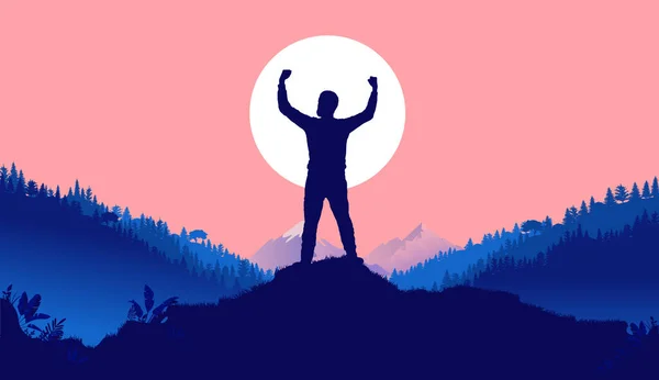 Prevail Silhouette Man Raised Hands Front Sun Landscape Nature Mountains — Stock Vector