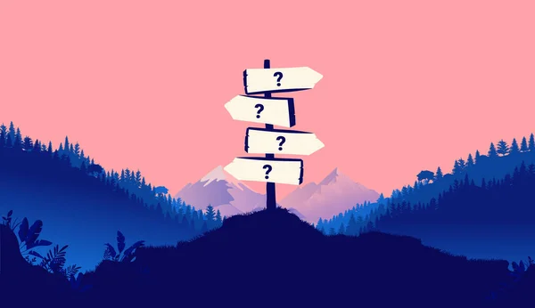 Difficult Choice Signpost Open Nature Landscape Pointing Different Directions Question — Stock Vector