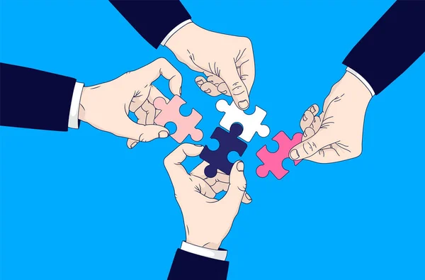 Teamwork Lösung Vier Hände Mit Puzzleteilen Die Zusammenkommen Und Lösungen — Stockvektor