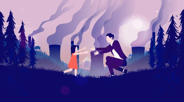 污染与后代 小女孩与她的父亲拥抱在一起 以污染工业和工厂为背景 全球变暖 环境影响和破坏概念 — 图库矢量图片