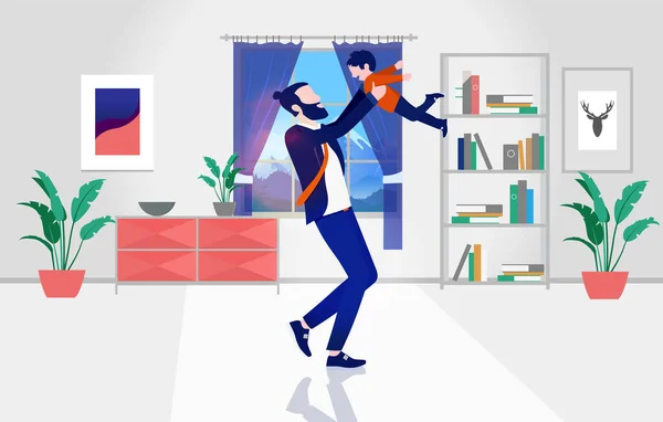 Single dad - Father holding child in the air having fun and playing around at home. Fatherhood, alone time and childhood concept. Vector illustration. — Stock Illustration Single Dad Father Holding Child Air Having Fun Playing Home Stock Illustration