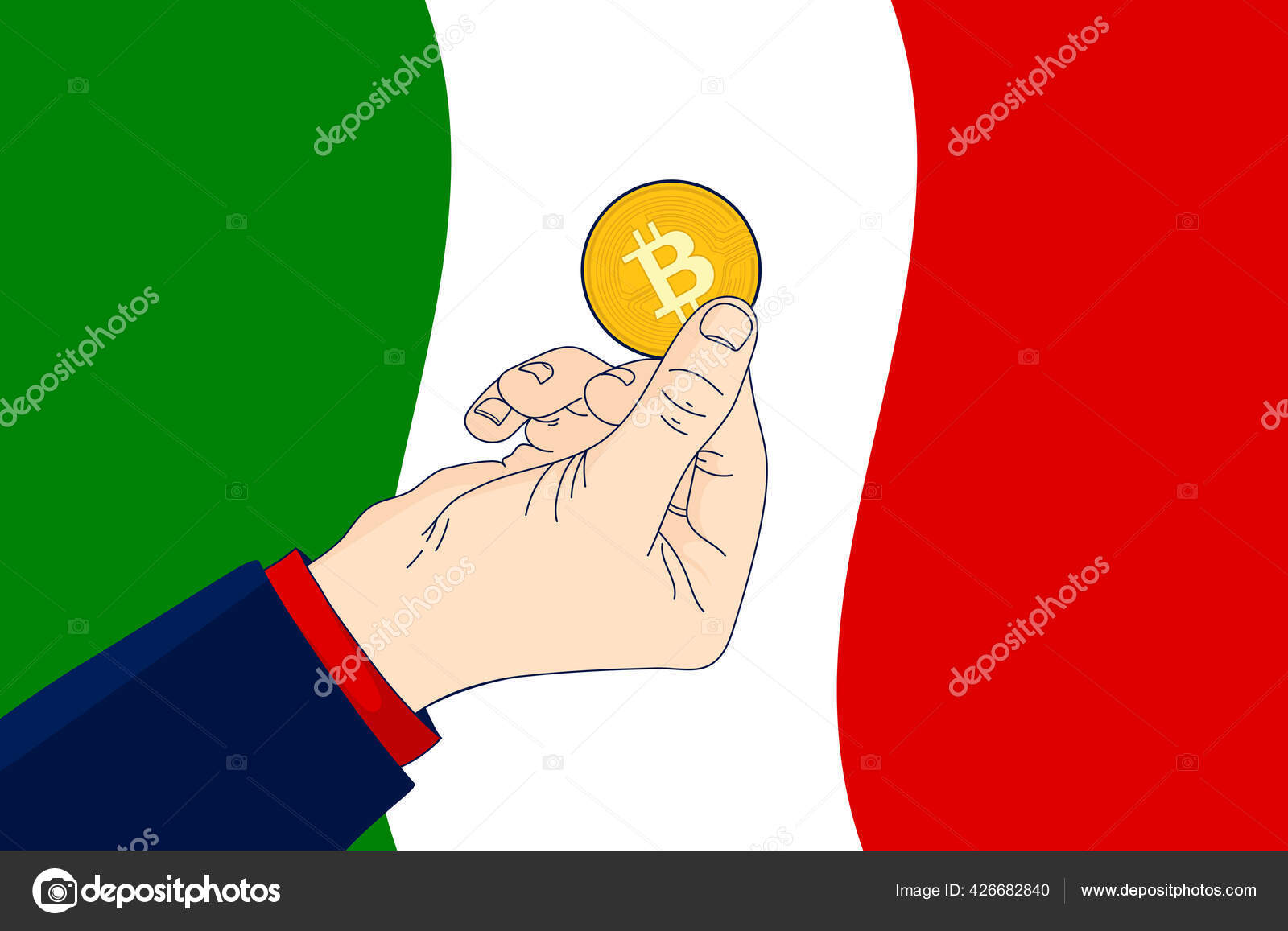 比特币意大利手握比特币在意大利国旗前采用比特币的概念矢量说明图库矢量图©Overearth 426682840