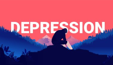 Depresyon - Üzgün adam manzarada tek başına oturuyor ve bunalımda. Kırmızı arkaplan ve arka planda tek kelime veya başlık. Vektör illüstrasyonu. 