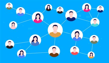 Sosyal ağ bağlantıları - insanlar mavi arkaplandaki çizgilerle bağlantılı avatarlar. İş bağlantısı, sosyal medya ve teknoloji kavramı. Vektör illüstrasyonu.