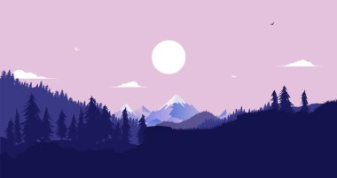 Çimenlerle, tepelerle, ormanlarla, ağaçlarla, dağlarla ve gökyüzündeki güneşle vektör manzarası. Sakin, doğa ve açık hava konsepti. Görüntü.