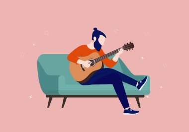 Evde kanepede gitar çalmak. Sakallı genç adam akustik gitar enstrümanı üzerinde çalışıyor. Vektör illüstrasyonu.