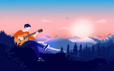 Vahşi doğadaki akustik gitarist. Gün batımında tepede gitar çalan genç bir adam. Doğa, orman dağı ve gökyüzü arka planda. Vektör illüstrasyonu.