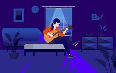 Evde akustik gitar çalma, oturma odasında tek başına enstrüman çalan bir kadın. Müzik pratiği, yalnızlık ve konfor konsepti. Vektör illüstrasyonu.