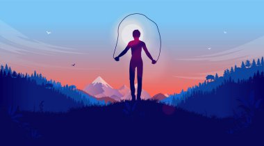 İp atlama, kadın ip atlama ve doğa sporu. Orman ve arka planda dağlar. Yalnız çalışmak, sağlıklı ve motive edici bir kavram. Vektör illüstrasyonu.