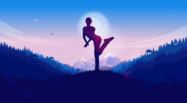 Manzara manzaralı tepede poz veren kadın. Güneşin önünde tek ayak üzerinde duran maceralı bir yolculukta seksi bir kadın silüeti. Neşeli, eğlenceli ve çekici kız arkadaş konsepti. Vektör illüstrasyonu.