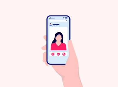 Elde görüntülü konuşma, bir kadından gelen görüntülü bir telefon. Uzaktan görüşme ve online video görüşmesi konsepti. Vektör illüstrasyonu.