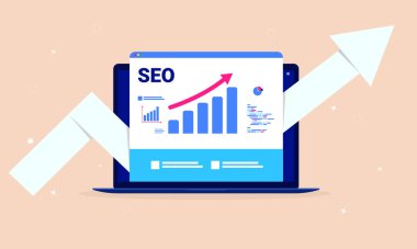 SEO optimizasyonu - Arama motoru performans araçlarıyla dizüstü bilgisayar, yükselen grafik ve yukarı bakan büyük ok. Performans pazarlama, analitik ve arama motoru sıralama konsepti. Vektör.