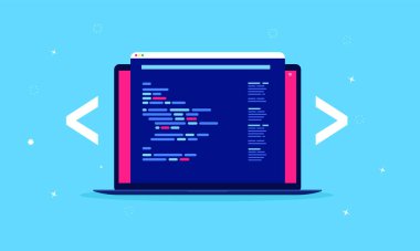 Web Geliştirme - Ekrandan çıkan kodlama yazılımlı dizüstü bilgisayar. Tanımlanamayan kod dili. Vektör illüstrasyonu.