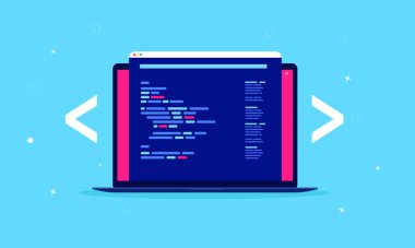 Web development - Laptop computer with coding software popping out of screen. Unrecognisable code language. Vector illustration. clipart svg vector 