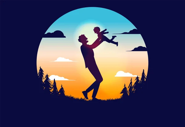 Illustration Vectorielle Silhouette Père Fils Homme Soulevant Enfant Avec Ciel — Image vectorielle