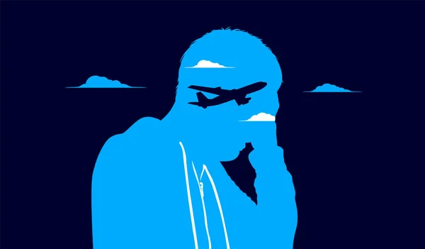 Uçma korkusu. Uçma korkusu olan bir erkek silueti ve gökyüzü olan bir uçak. Vektör illüstrasyonu.