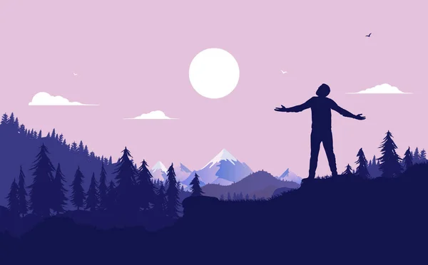 Siento Libre Silueta Hombre Con Los Brazos Abiertos Pie Paisaje — Vector de stock