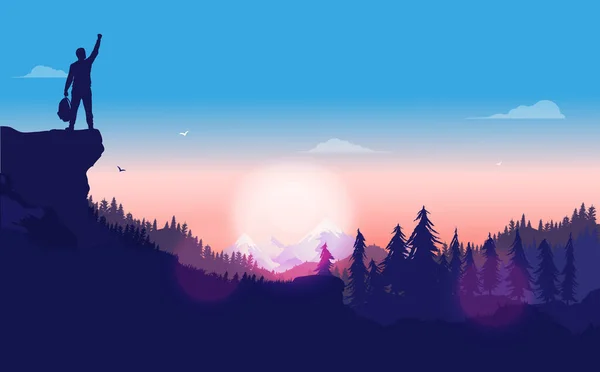 Ilustración Autoestima Hombre Paisaje Pie Cima Con Mano Levantada Cielo — Vector de stock