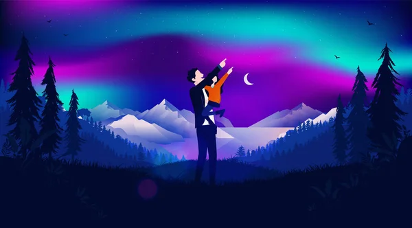 Parent Child Watching Northern Light Pointing Smiling Beautiful Magic Landscape — Stock Vector