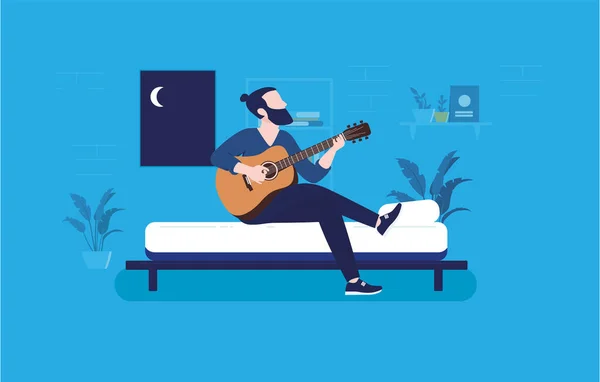 夜の音楽のインスピレーション 男はベッドでギターを演奏し 曲を作曲に座っている インスピレーション ダークと楽器の練習の概念の後 ベクターイラスト — ストックベクタ
