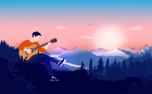 Vahşi Doğadaki Akustik Gitarist Gün Batımında Tepede Gitar Çalan Genç — Stok Vektör