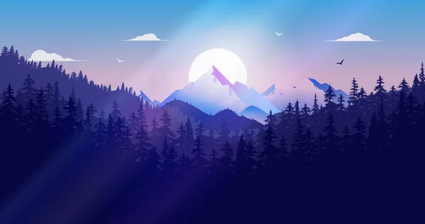 森の風景や照明 青い色で山の範囲と太陽に森や木の上の美しい景色 冷たい北欧と冒険的な背景 ベクターイラスト — ストックベクタ