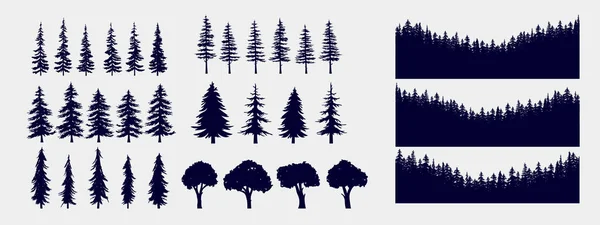 Baum Und Waldsilhouetten Vektorillustrationen Sammlung Von Bäumen Und Wildnisobjekten Ihre — Stockvektor