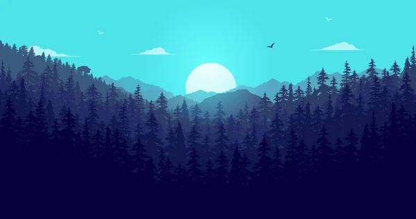 Bosque Salvaje Sol Paisaje Con Montañas Amanecer Cielo Azul Temprano — Vector de stock