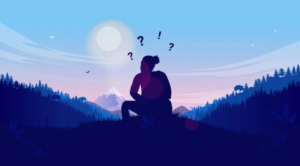 Doğada oturan, düşünen ve merak eden bir kadın manzaraya bakıp kendine sorular soruyor. Düşünme, hayatın anlamı ve yalnızlık kavramı. Vektör illüstrasyonu.