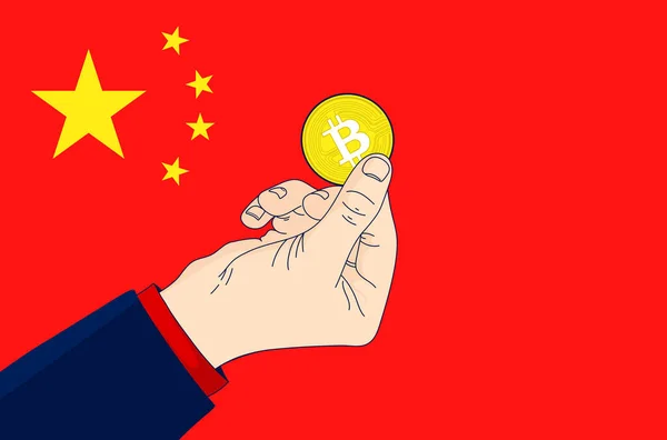 Bitcoin China Çin Bayrağının Önünde Bitcoin Tutuyor Bitcoin Benimsenmesi Kütle — Stok Vektör