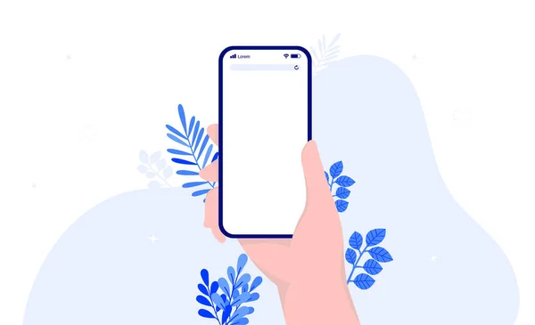 Mockup Met Hand Telefoon Met Blanco Scherm Decoratieve Achtergrond Sjabloon — Stockvector