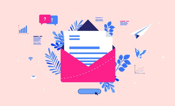 Illustration Marketing Par Mail Ouvrir Enveloppe Postale Avec Communication Statistiques — Image vectorielle