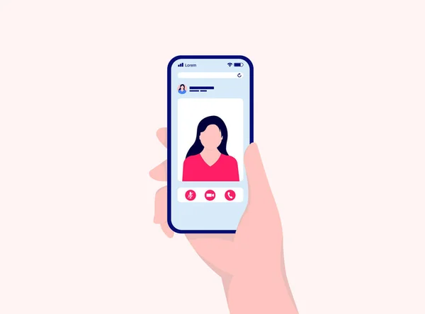 Elde görüntülü konuşma, bir kadından gelen görüntülü bir telefon. Uzaktan görüşme ve online video görüşmesi konsepti. Vektör illüstrasyonu.
