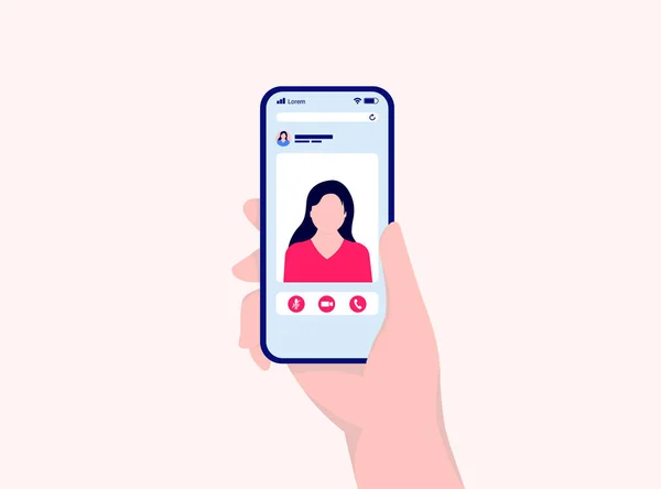 Chat Vidéo Main Main Tenant Téléphone Avec Appel Vidéo Femme — Image vectorielle