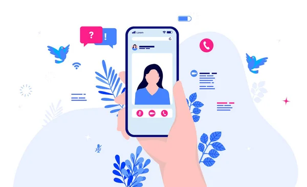 Video çağrısı - Kadın meslektaşlarının canlı yayında el ele tutuşması, konuşma simgeleri ve arka plandaki unsurlar. Video, uzaktan görüşme ve telefon görüşmeleri konseptiyle görüşün. Vektör illüstrasyonu.