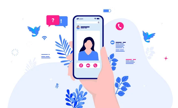 ビデオ通話 背景に女性同僚 会話アイコンや要素のライブストリームと携帯電話を保持します ビデオ リモートミーティング 電話のコンセプトを通して会話します ベクターイラスト — ストックベクタ