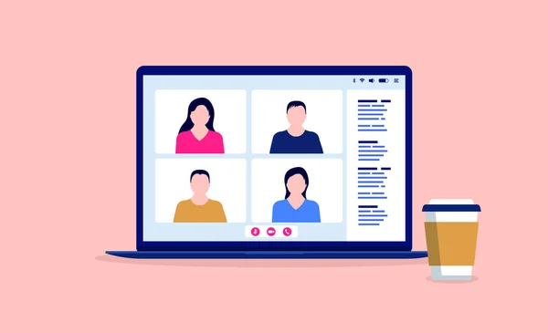 Videomöte Och Kaffe Bärbar Dator Med Människor Videochatt Fjärrarbete Kommunikation — Stock vektor
