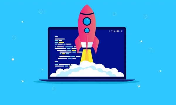 Gyors Fejlesztés Rocket Hajó Repül Fel Laptop Számítógép Kóddal Képernyőn — Stock Vector