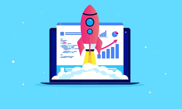 Web sitesi hız optimizasyonu - Web sayfası ve analitik araçlı dizüstü bilgisayar ekranda. Roket hızla fırlatılmayı simgeliyor. SEOm performansı ve web geliştirme konsepti. Vektör illüstrasyonu.