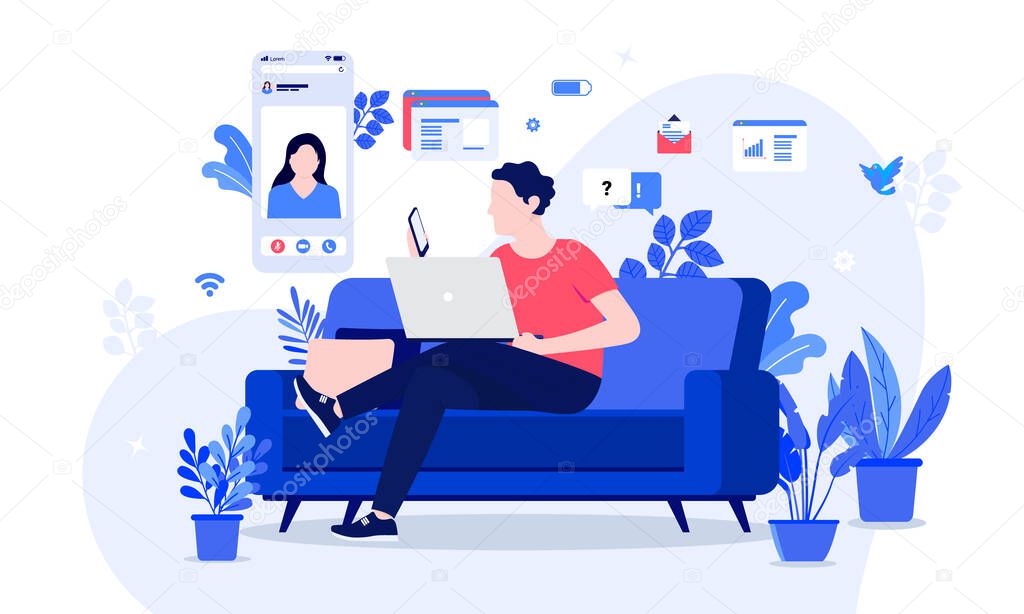 Work from home video chat - Man sitting in couch with laptop chatting with colleague on phone. Various work design elements in background. Virtual meeting, online chatting, and home office concept.