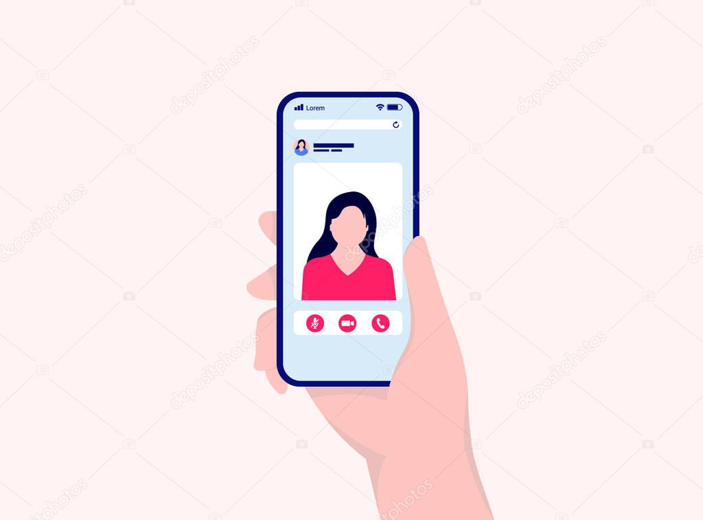 Video chat in hand - Hand holding a phone with video call from woman. Remote meeting and online video call concept. Vector illustration.