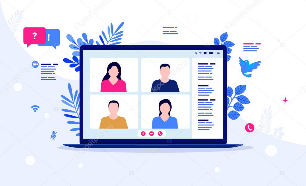 Video meeting - Laptop computer screen with people communicating on video chat. Remote communication, conference and online course concept. Vector illustration.