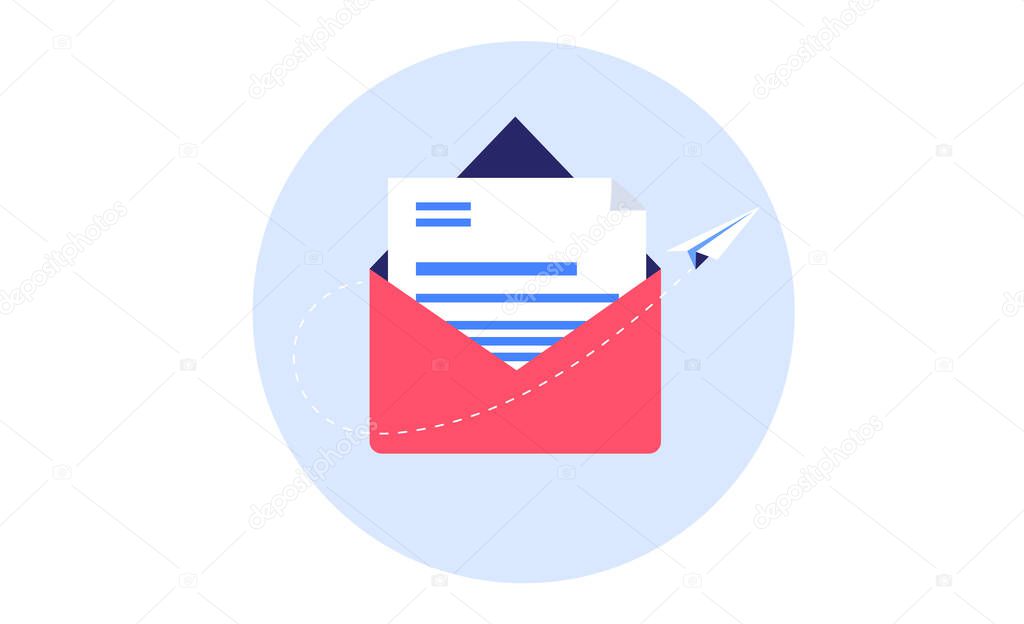 Sending e-mail icon illustration. Round image of open envelope with mail inside and paper plane flying away. Vector EPS.