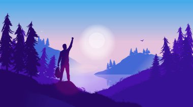 Kişisel başarı hikayesi. Vahşi doğada yaşayan olumlu bir erkeğin silueti zaferle el kaldırıyor. Doğa terapisi, anı yaşa ve zorluk kavramının üstesinden gel. Vektör illüstrasyonu.