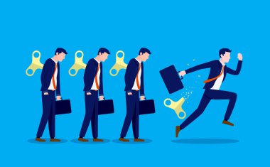 Girişimci - Adam kendi işini kurmak için düzenli iş hayatından kaçıyor. Kurtul, bağımsızlığını kazan ve harekete geç. Vektör illüstrasyonu.